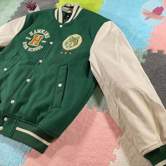 NWOT Ltd. Ed. H&M, Green, Stranger Things Hawkins High Tigers Letterman Jacket - Picture 4 of 13